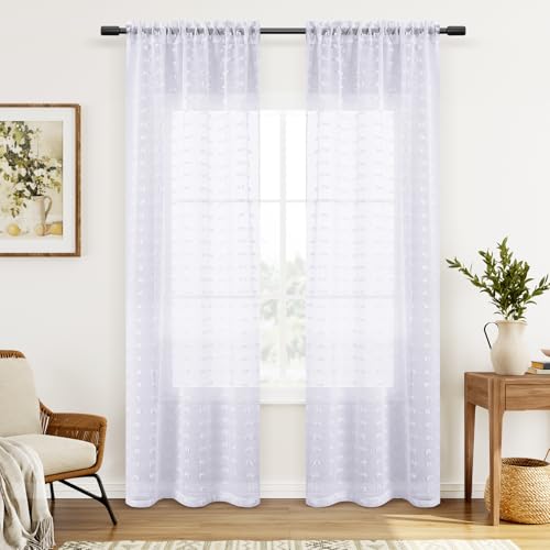 Guken White Sheer Curtains 84 Inch Length 2 Panels Sets for Living Room Bedroom 38 Inch Width Boho Drapes Light Filtering Pom Pom Curtains Semi Sheer Nursery Girls Rod Pocket,W38xL84