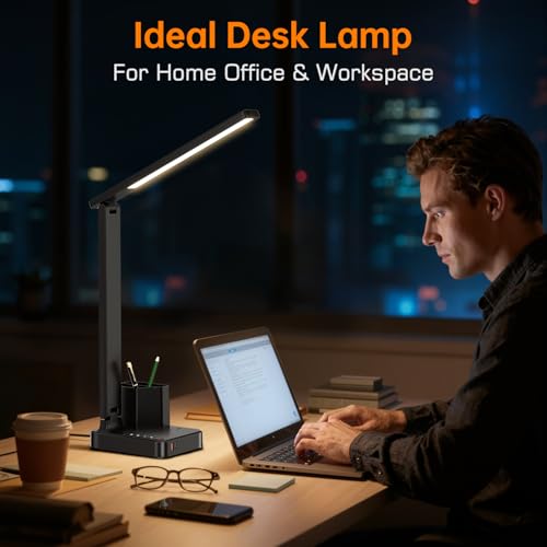 LED Desk Lamps for Home Office, Modern Dimmable Eye Cariing Desk Light with USB Charging Ports AC Outlet, Pen Holder,Touch/Memory/Timer, Kids Small Table Lamp for Reading, Bedroom, Study, Craft