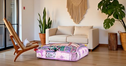 CRAFT KALA Indian Square Patchwork Traditional Pouf Cover Indian Living Room Poufs Decorative Embroidered Designer Ottoman Home Living Footstool Chair Cover Decor Pillow Cover 18x18x5 inches Baby Pink