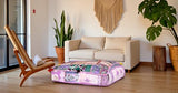 CRAFT KALA Indian Square Patchwork Traditional Pouf Cover Indian Living Room Poufs Decorative Embroidered Designer Ottoman Home Living Footstool Chair Cover Decor Pillow Cover 18x18x5 inches Baby Pink