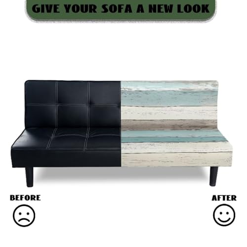 Decorative Armless Futon Cover Stretch Futon Sofa Bed Slipcover Machine Washable Printed Couch Cover Non-Slip Furniture Protector for Home Decor, Wood Grain Print White Blue