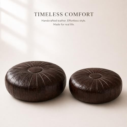 Handmade Moroccan Leather Pouf – Delivered Unstuffed – Ottoman, Footstool, Footrest, Hassock, Floor Cushion – Artisan Crafted (Dark Brown, 22" D x 22" W x 12" H)