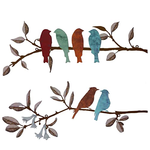 Demissle 2 Pcs Metal Birds Wall Art Decor Vivid Birds on Branch with Leaves Rustic Wall Decor Waterproof Metal Sculpture Hanging Sign for Home Balcony Garden Indoor Outdoor(Colorful)
