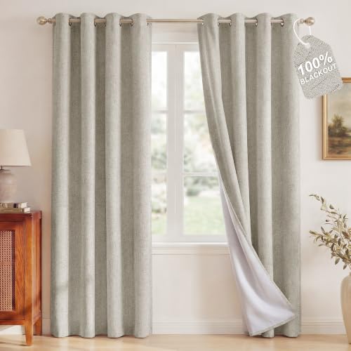 NICETOWN 100% Blackout Linen Beige Curtains 84 inches Long for Living Room, White Liner Composite Grommet Bedroom Thermal Drapes Casual Home Decor Window Treatments, 2 Panels, W52 x L84