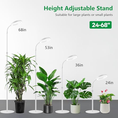 Floor Grow Lights for Indoor Plants, Full Spectrum Plant Light with 68" Stand for Growing Large Tall Plants, White Halo Grow Lamp with 6/12/16H Timer, 3 Light Modes, 5 Dimming