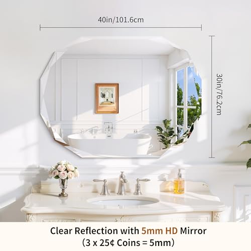 GLASHOM Frameless Bathroom Mirror, 30x40 inch Frameless Wall Mirrors Beveled Edge Wall Mounted, Oval Mirror for Bathroom, Living Room, Over Sink, Entryway Mirror Horizontal or Vertical