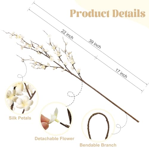 Ammyoo 4Pcs Cherry Blossom Branches Artificial Flowers for Spring Summer Indoor Decoration,Faux Long Stem Artificial Flowers for Wedding Home Office Bedroom Party Table Centerpieces Decor(White)