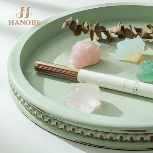 Hanobe Sage Green Tray Decor: Round Decorative Tray for Coffee Table Centerpiece - Wooden Candle Plate Holder for Rustic Farmhouse Home Living Room Kitchen Counter