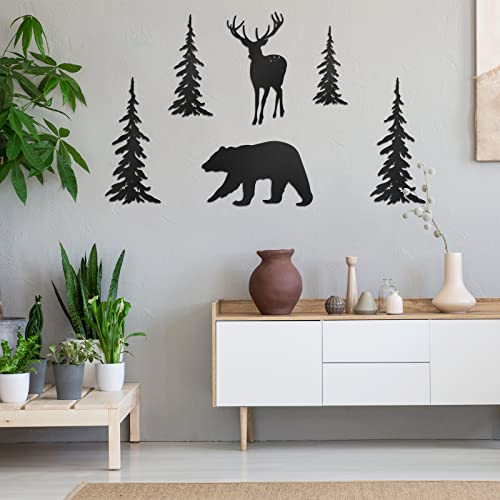 Moxweyeni 6 Pcs Black Metal Wall Decor-deer Bear Pine Tree Forest Rustic Wall Decor for Bedroom Kitchen Living Room Dining Room(Black)