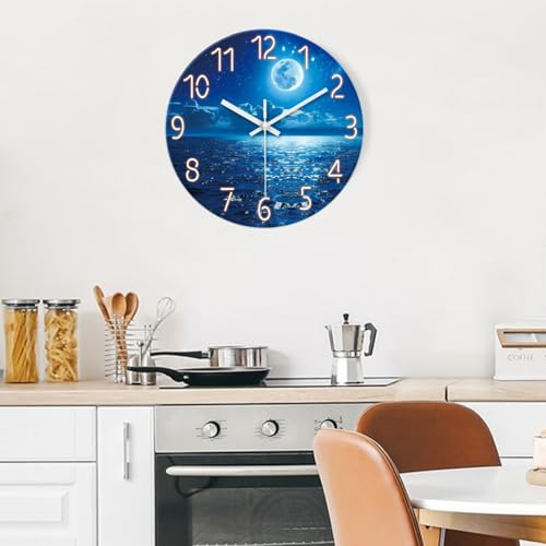 XFM Blue Moon Wall Clock 12 Inch Modern Wall Clocks Battery Operated Silent Non Ticking Decorative Round Analog Clock for Living Room Bedroom Kitchen