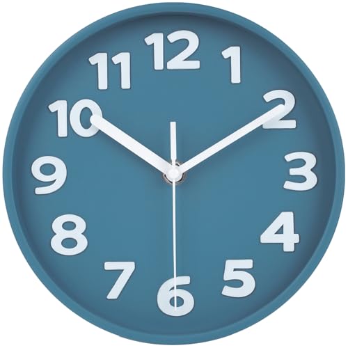 45MinST 8-Inch Blue Modern Wall Clock – Silent Non-Ticking, 3D Large Numbers, Accurate Timekeeping | Decorative Wall & Desk Clock with Stand for Living Room, Bedroom, Kitchen, or Office