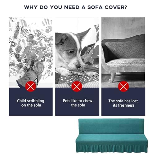 Stretch Armless Futon Cover, Sofa Slipcover Foldable Sofa Bed Cover Furniture Protector with Elastic Bottom, Washable, Polyester Spandex Jacquard Fabric Small Checks (Light Green, Small(47"-59"))