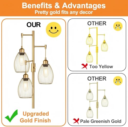 Dimmable Floor Lamp, Industrial Floor Lamps for Living Room, Gold Tree Lamp Standing Lamp Tall Lamps with 3 Elegant Teardrop Cage Head & 800 Lumens LED Bulbs for Living room Bedroom Office Dining Room