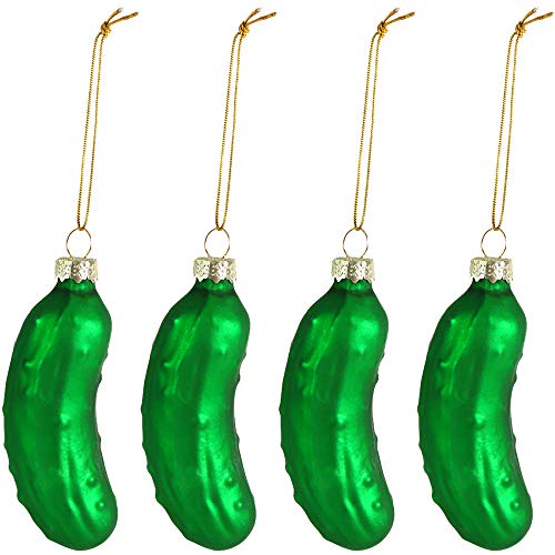 Ornativity Christmas Pickle Tree Ornament - Traditional Glass Blown Green Pickles Hanging Pickle Xmas Holiday Ornaments Decor 3.5" Pack of 4