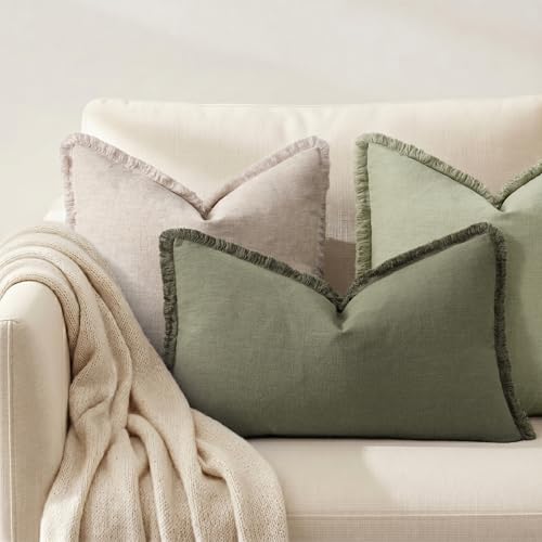 decorUhome Linen Fringe Olive Green Throw Pillow Covers 12x20 Set of 2
