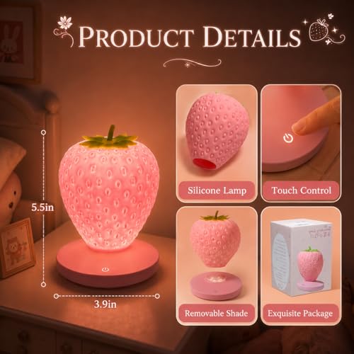 WLHONG Girls Gifts Strawberry Night Light, Silicone Strawberry Lamp Cute Small Lights, 3 Modes Dimmable Touch Bedside Lamps, Kawai Room Decor Romantic Gifts for Mom Girls Women Toddlers Teen