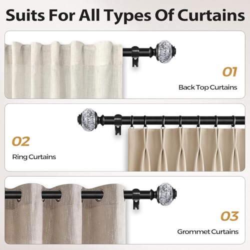 1 Inch Curtain Rods 72 to 144 Inches (6 to 12 ft) Telescoping Single Drapery Rod, USFOOK Black Curtain Rods for Windows 69 to 140 Inches, Decorative Translucent Finials