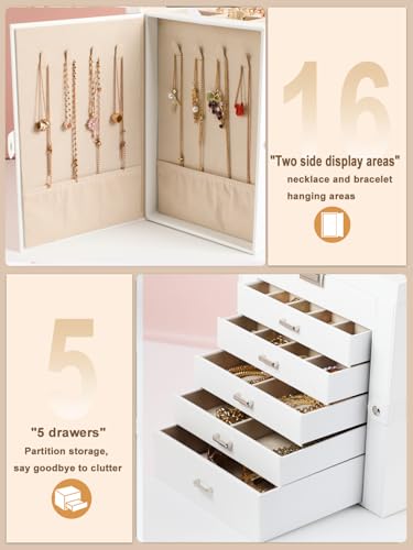 BOOVO Large Jewelry Box for Women, 6 Layer Jewelry Organizer with 5 Drawer and Side Doors & Necklace Hooks, Leather Jewelry Storage Boxes for Earrings, Rings, Bracelets