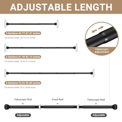 Curtain Rods for Windows 20.77 to 92.85 Inches, 1" Diameter Adjustable Black Curtain Rod, Window Treatment Rods with Round Finials, Easy Mount Hardware Included (46.77-96.85 Inches)