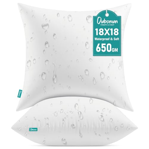 Oubonun 18x18 Waterproof Outdoor Pillow Inserts – Set of 2 Firm & Fluffy, Water Resistant Throw Pillows for Patio, Garden, Porch, or Indoor Decorative