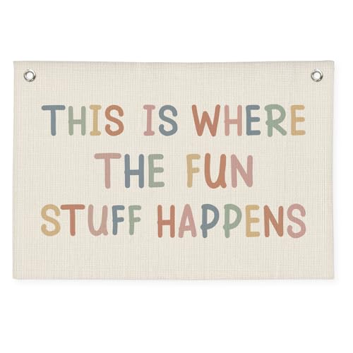 Playroom Wall Decor, Boho Classroom Decorations, Kids Room Decor Canvas Banner Wall Hanging Flag, This is Where All The Fun Stuff Happens Banner