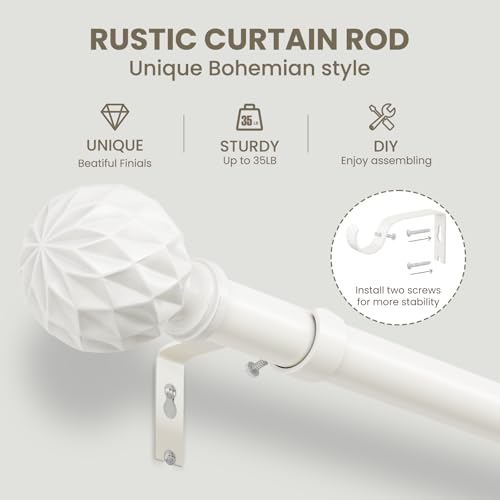 TKZTKZ White Curtain Rods for Windows 36 to 88:Boho Wooden Curtain Rod for Bedroom Livingroom Farmhouse 1 Inch Heavy Duty Adjustable Curtain Rod with Imitation Wood Grain Easy Install,Antique White