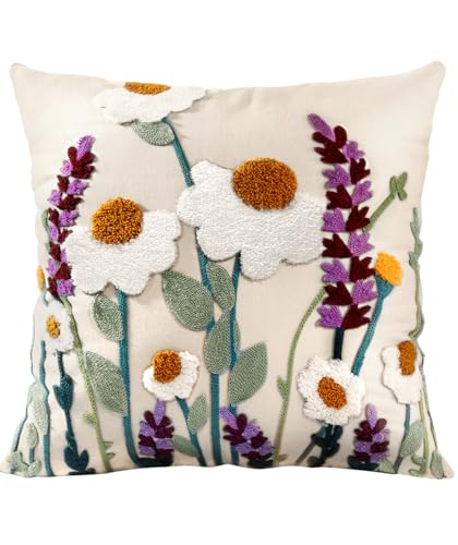 Embroidered Throw Pillow Cover, 20x20 Inch, Wildflower