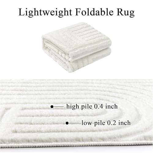 SHACOS Soft Cozy Fluffy Arch Pattern High Low Pile Area Rugs 3'x5' Non Slip Washable Scandinavian Minimalist Rug Modern Geometric Arc Carpet for Living Room Bedroom Dining Room, Cream White