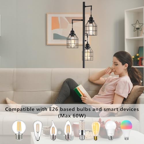 Floor Lamp for Living Room, Farmhouse Industrial Dimmable Floor lamp,3 Lights Metal Cage Tree Standing Lamp,68", 3Pcs Led Bulbs Included