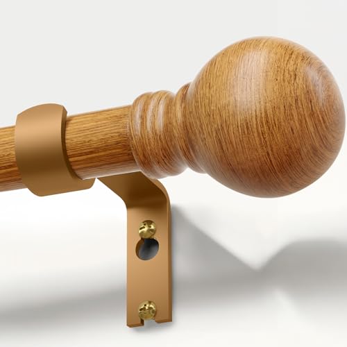 Boho Wood Curtain Rods for Windows 72 to 144 inch 1" Diameter Adjustable Heavy Duty Window Curtain Rod with Decorative Wooden Grain Finials Drapery Rods for Living Room Bedroom Kitchen Cafe Farmhouse