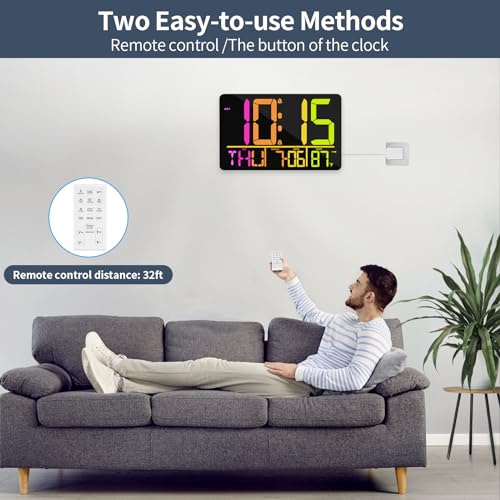 PERSUPER 13" Large Digital Wall Clock with Remote, RGB Color Changing, 25 Ringtones, 0-100% Auto/Custom Brightness, Temperature, Calendar, 12/24H, DST, Timer, for Living Room/Bedroom/Office/Elderly