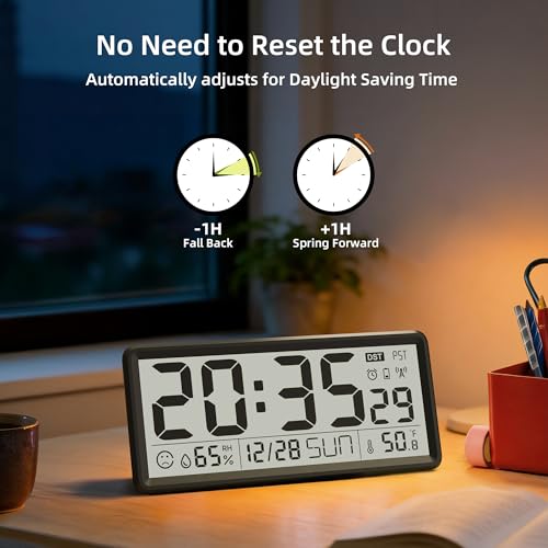 EASYERA 15'' Large Digital Wall Clock Battery Operated, Atomic Clock with Indoor Temperature and Humidity, Self-Setting with Auto DST, for Kitchen, Classroom, Living Room (Batteries Not Included)