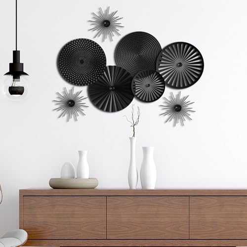 Lingvee 8 Pcs Gold Wall Decor Modern Metal Decor Metal Starbursts Radial Plate Art Hanging Decorative Wall Decorations for Home Bedroom Bathroom Living Room Office Sculpture (Black)