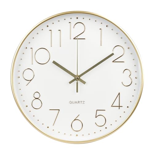 Wall Clock 12 Inch Non-Ticking Silent Modern Simple Style Round Decor Clock Gold Stereoscopic Dial Quartz Wall Clocks for Home/Office/School/Living Room/Bedroom/Kitchen