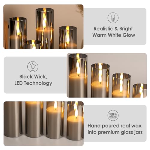 Grey Glass Flameless Pillar Candles with Remote Batteries Set of 5
