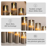 Grey Glass Flameless Pillar Candles with Remote Batteries Set of 5