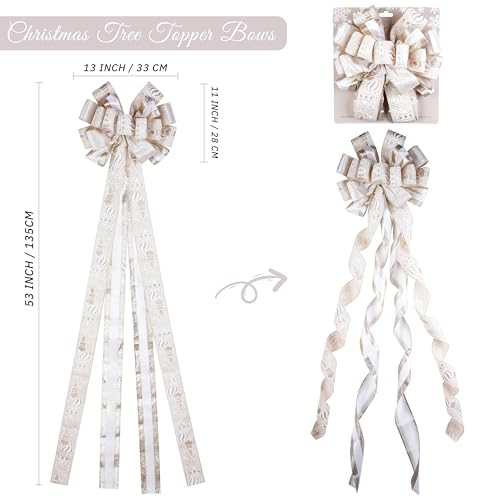 Ivory and Champagne Gold Christmas Tree Topper Bow 13 x 53 Inch Large With Streamer and Bauble Patterns for Xmas Tree Wreaths Door Staircase Home Decor