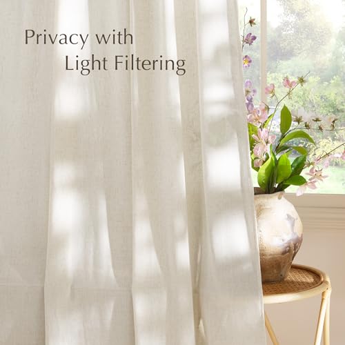 NICETOWN Natural Linen Curtains & Drapes for Windows 84 inch Long, Rod Pocket & Back Tab Thick Flax Semi Sheer Privacy Assured with Light Filtering for Bedroom/Living Room, W55 x L84, 2 Pieces