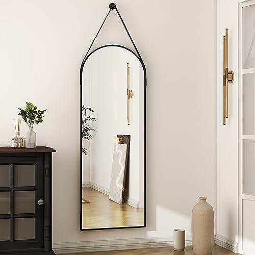 HARRITPURE 16"x48"Arched Mirror with Hanging Leather Strap Full Length Mirror Aluminum Frame Wall-Mounted Arch Hanging Mirrors for Bathroom Vanity Living Room Bedroom Entryway Decor