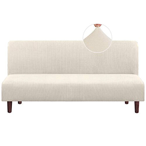 Stretch Armless Futon Cover Futon Slipcover Full Queen Size Couch Cover Futon Sofa Bed Cover Furniture Protector with Elastic Bottom, Machine Washable, Biscotti Beige