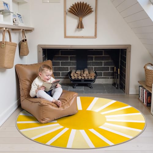 Lahome Yellow Rainbow Sun Round Area Rug 5x5 for Boho Nursery