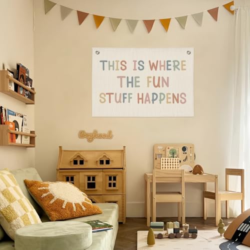 Playroom Wall Decor, Boho Classroom Decorations, Kids Room Decor Canvas Banner Wall Hanging Flag, This is Where All The Fun Stuff Happens Banner