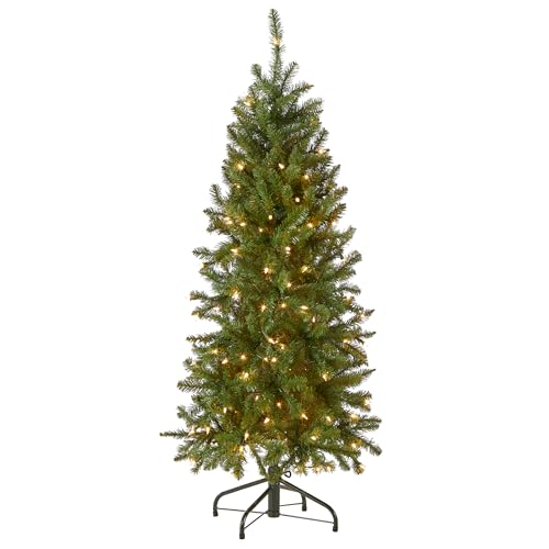 National Tree Company 4.5 ft Pre-Lit Kingswood Fir Slim Artificial Christmas Tree, 150 Clear Lights, 330 Tips, Includes Stand, Green