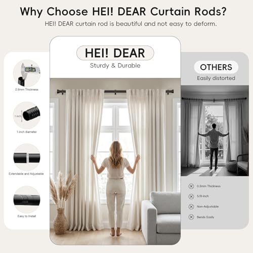 HEI!DEAR Black Adjustable Curtain Rods for Windows:48-84 Inch,1 Inch Heavy Duty Curtain Rod for Bedroom Living Room,Matte Black Iron Easy Install Modern Decorative Window Treatment Single Rods,30-84"