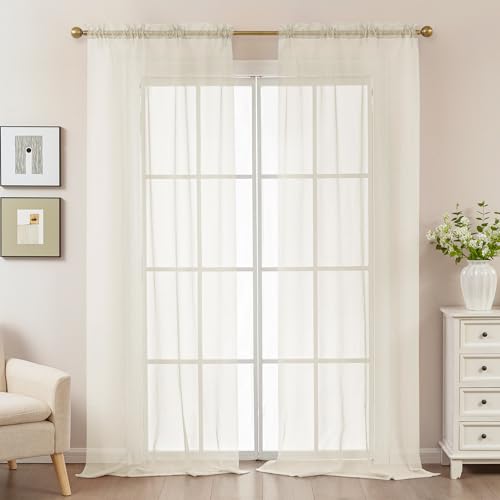 Natural Sheer Curtains 96 Inches Long, Privacy Semi Sheer Curtains for Living Room Bedroom, Light Filtering Rod Pocket Voile Window Drapes 2 Panels Set, Each 42" W x 96" L