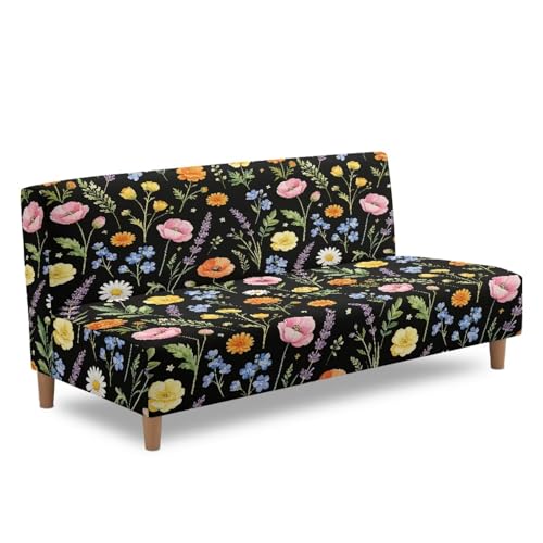 GLENLCWE Black Wildflowers Print Armless Futon Cover Stretch Elastic Bottom Non-Armrest Couch Slipcover Durable Furniture Protector Colorfiul Floral Style for Living Room