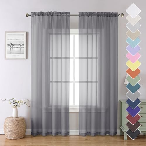 Lecloud Charcoal Grey Sheer Curtains 84 Inches Long 2 Panels, Voile Airy Light Filtering Curtains for Living Room Bedroom, Dual Rod Pocket Sheer Window Treatments Drapes, Each Panel 40" W x 84" L