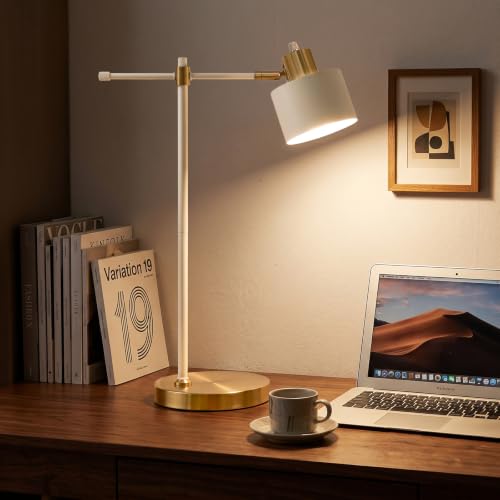 22.2" Modern Desk Lamp, Metal Table Lamp with LED Bulb, Adjustable Reading Lamps for Living Room, Mid Century Task Lamp for Home Office, Industrial Bedside Lamps, Cream and Gold