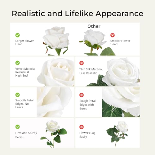 60PCS Artificial Roses Bulk, White Velvet Silk Fake Roses, Realistic White Flowers for Mother's Day, Wedding Centerpieces, Bridal Bouquets, Home Decor, Baby Shower, Valentine's Day Party Decorations