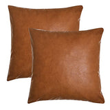 Tosewever Faux Leather Throw Pillow Covers, 18 x 18 inch Set of 2 Luxury Cognac Brown Modern Pillowcases Solid Decorative Square Cushion Cases for Bedroom Living Room Couch Bed Sofa (Brown, 18" x 18")